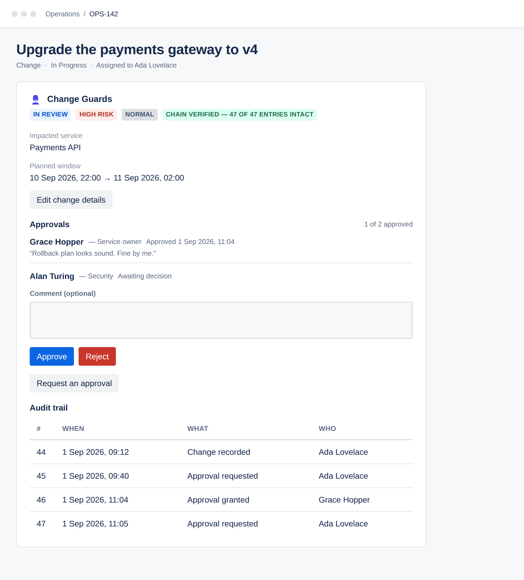 The change panel showing one granted approval with a comment and one approval awaiting the current user, with Approve and Reject buttons and a comment field.