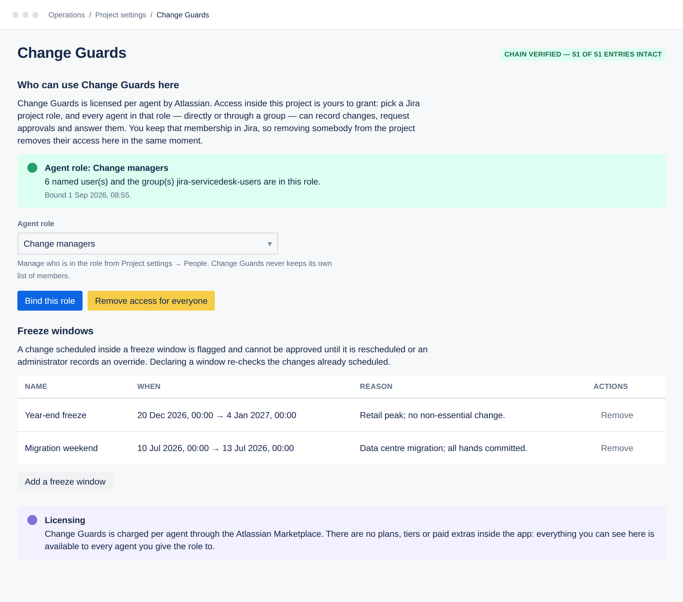 The Change Guards project settings page, showing the bound agent role with a count of named users and groups, a role selector, freeze windows in a table, and a licensing note.